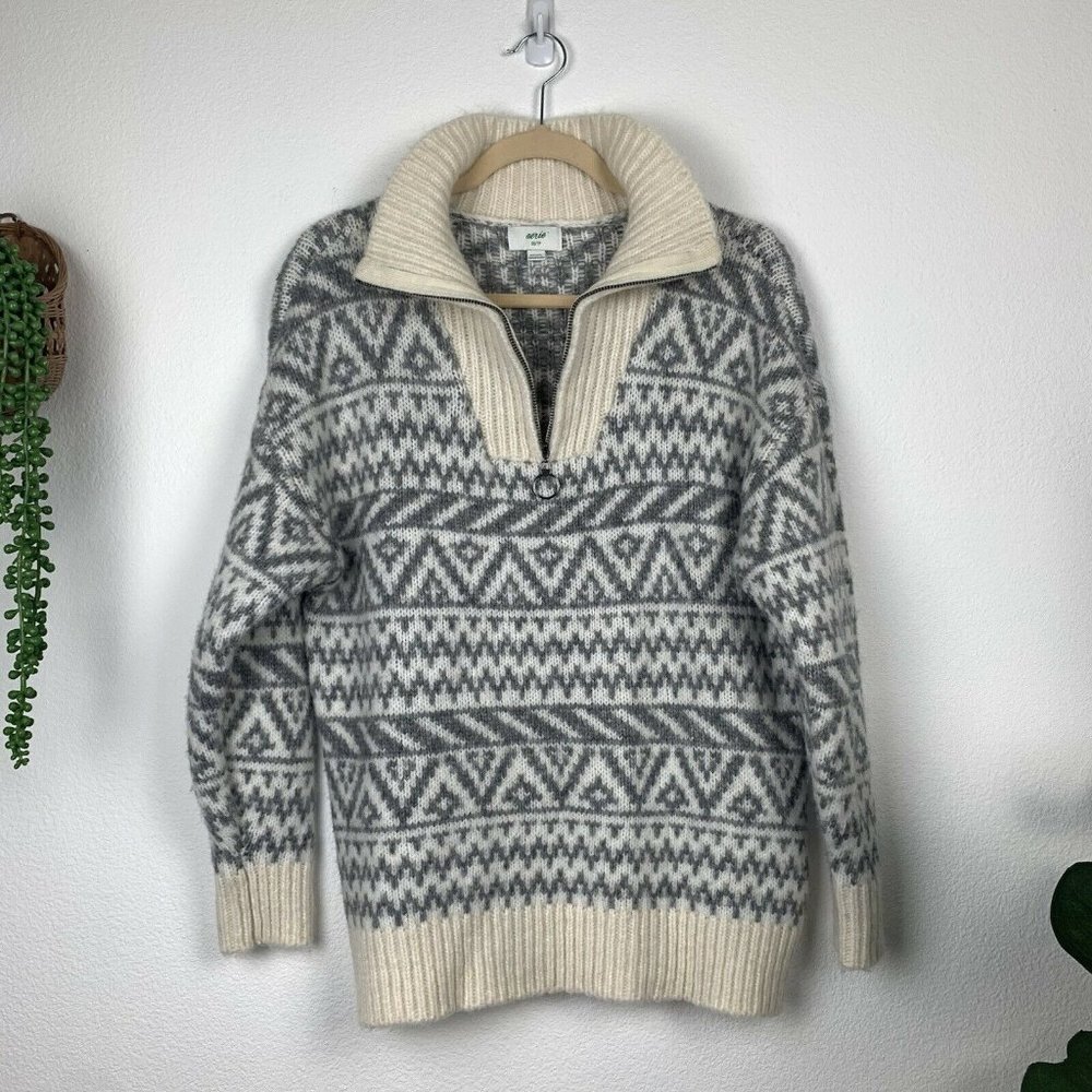 Aerie XS Oversized Gray Ivory cream Fair Isle Chunky Knit Sweater Top - Picture 1 of 7